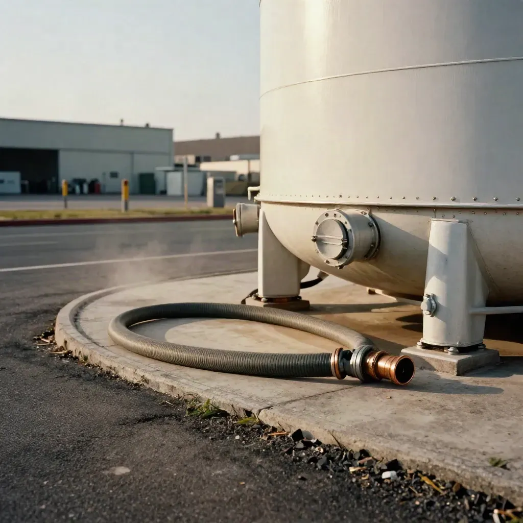 Réservoir carburant horizontal avec flexible enroulé, au bord d’un dépôt poussiéreux.