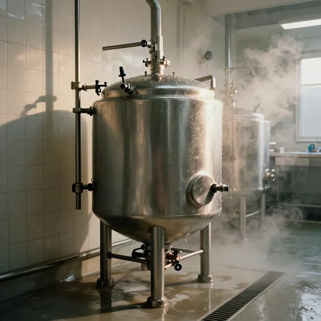Cuve inox sanitaire en rinçage final dans une salle de process, vapeur fine et tuyauteries propres