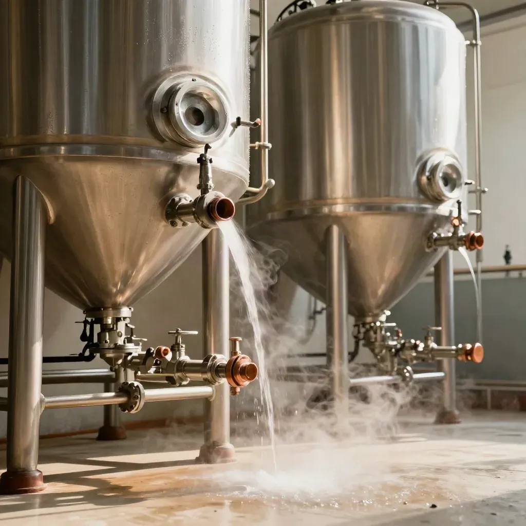 Deux cuves inox en usine de boissons, vapeur légère et lignes de nettoyage en cours.