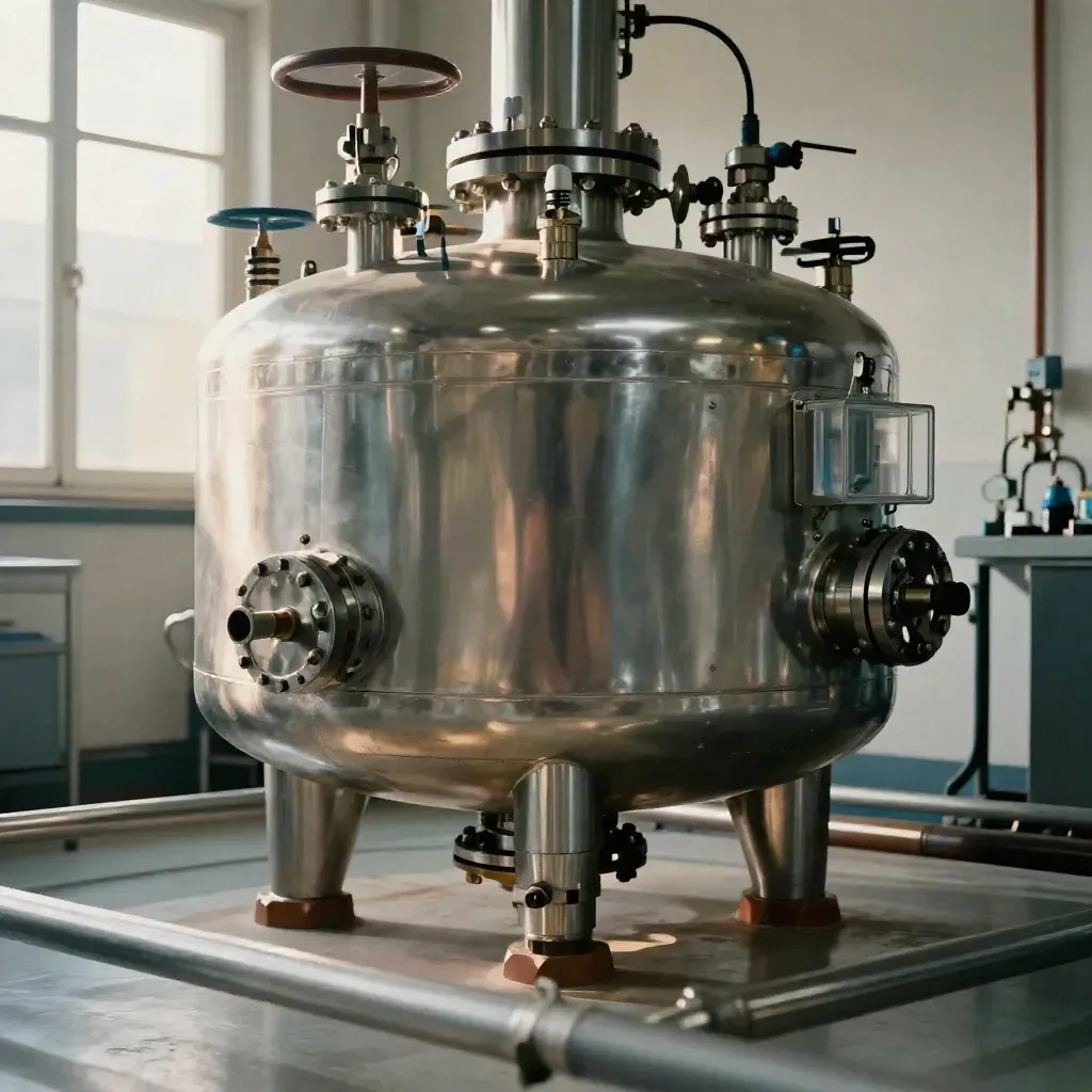 Appareil sous pression inox dans une salle chimie, avec vannes et carters clairs.
