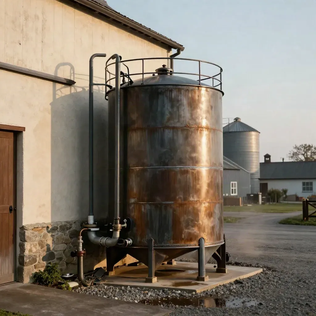Cuve agricole rénovée près d’une grange claire, avec soudure neuve et tuyau propre.