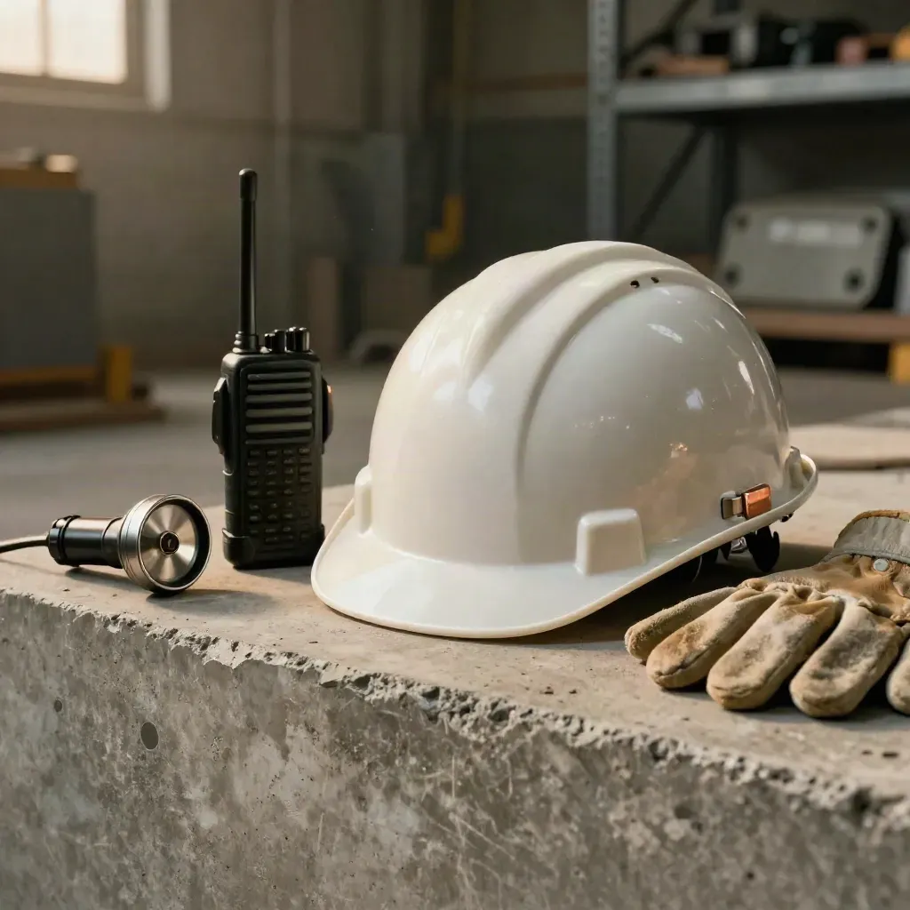 Casque ivoire, radio de chantier, détecteur portatif et gants roulés sur un bloc de béton.
