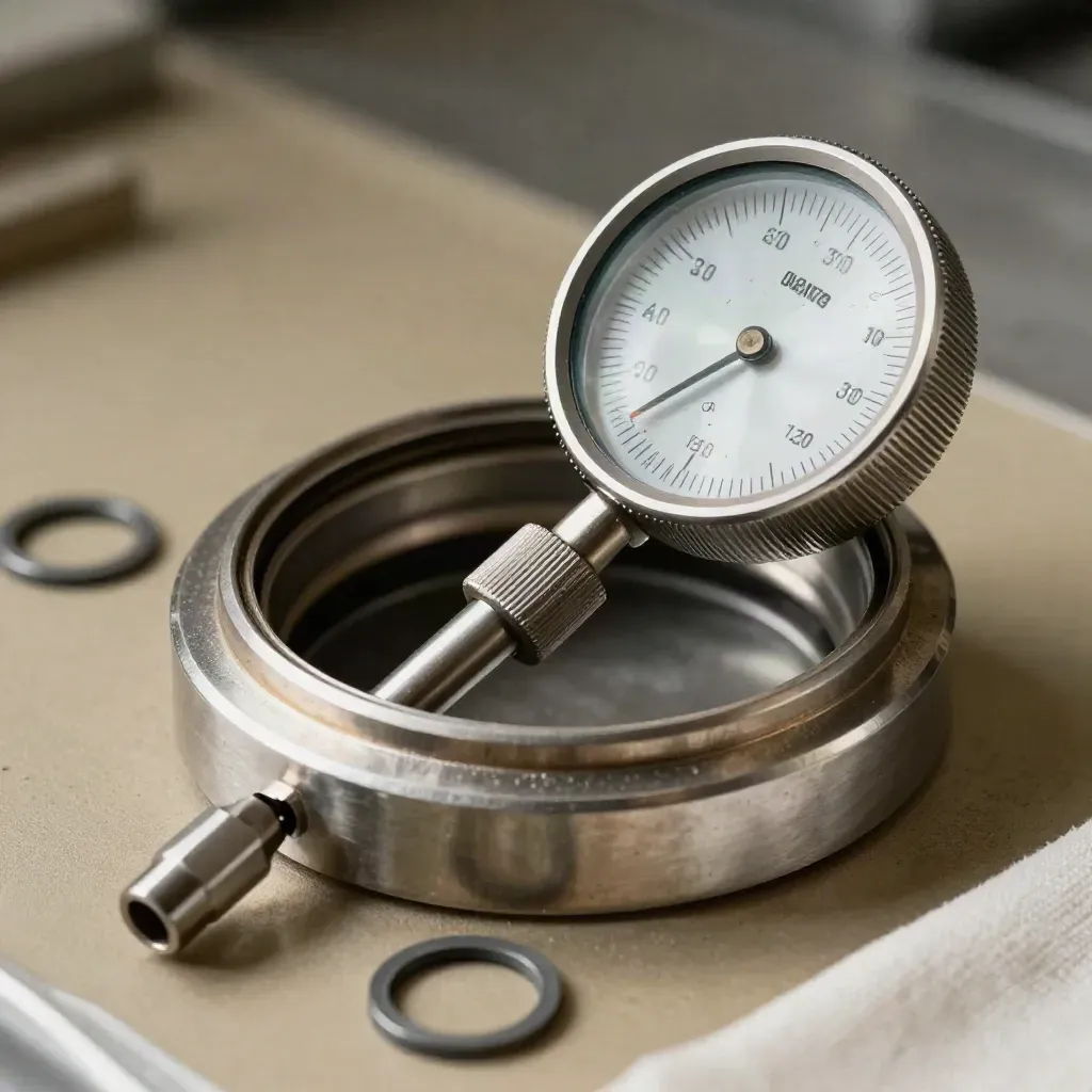 Gros plan d’outils d’inspection inox et de joints propres sur une cuve