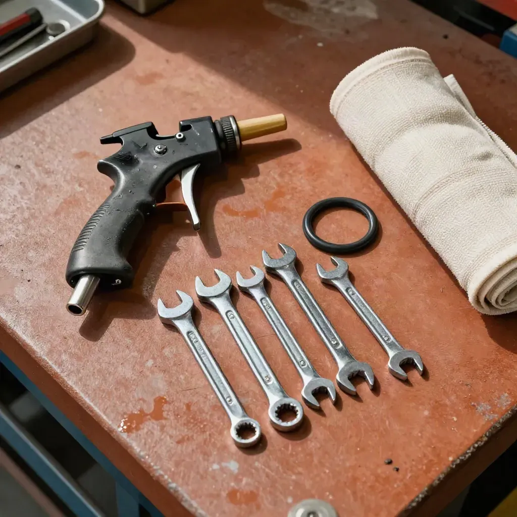 Kit de maintenance avec graisseur, clés mixtes, joint torique et chiffon sur un établi en béton.