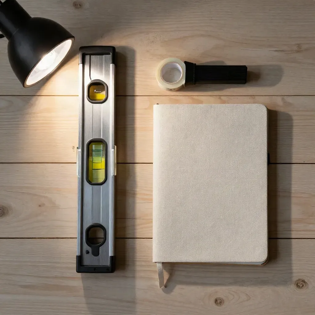 Vue zénithale d’un audit de site avec niveau, lampe, carnet fermé et ruban sur bois clair.