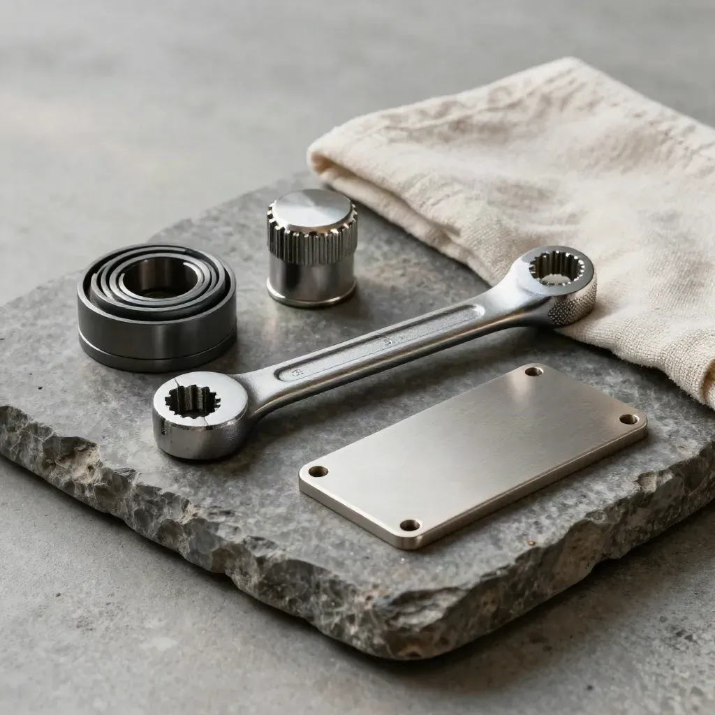 Jeu de joints, bouchon de purge, clé dynamométrique et plaquette vierge sur plateau de pierre.