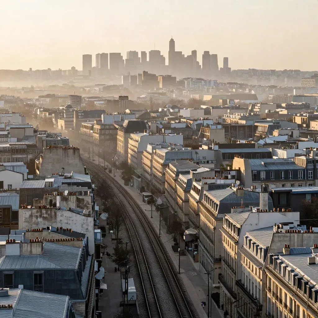 Paris dans la brume, toits industriels de Saint-Denis et voies ferrées au premier plan.