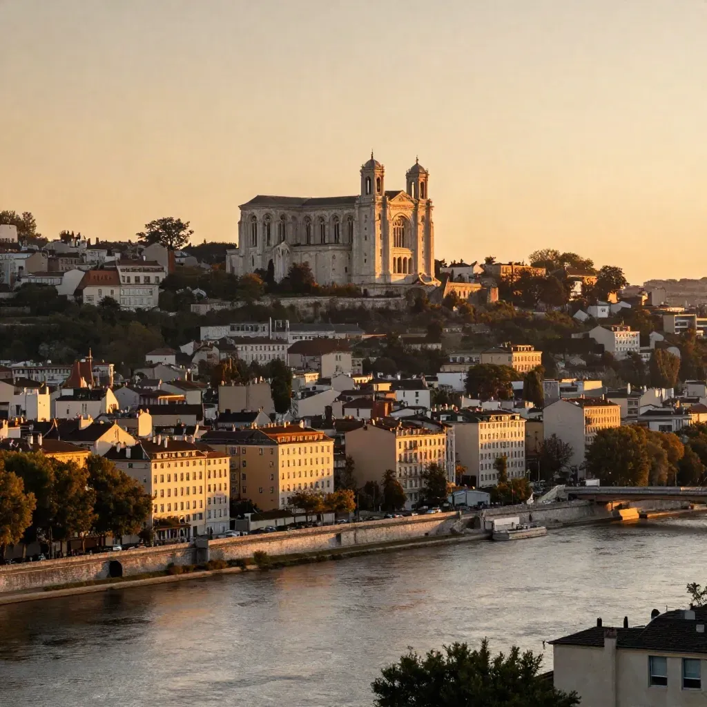 La basilique de Fourvière surplombe Lyon au soleil doré, au-dessus de la Saône calme.