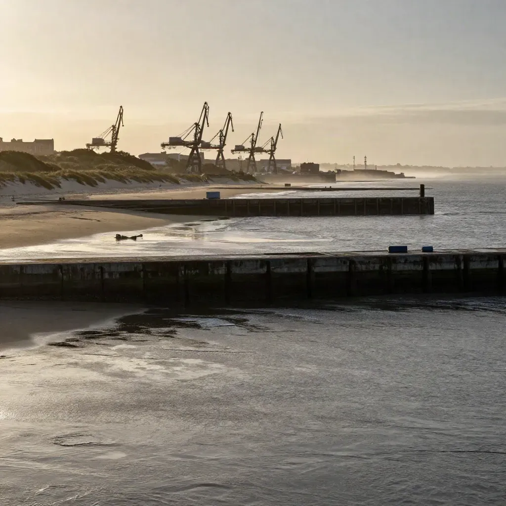 Quais de Dunkerque dans la brume, grues lointaines et mer grise au coucher du jour