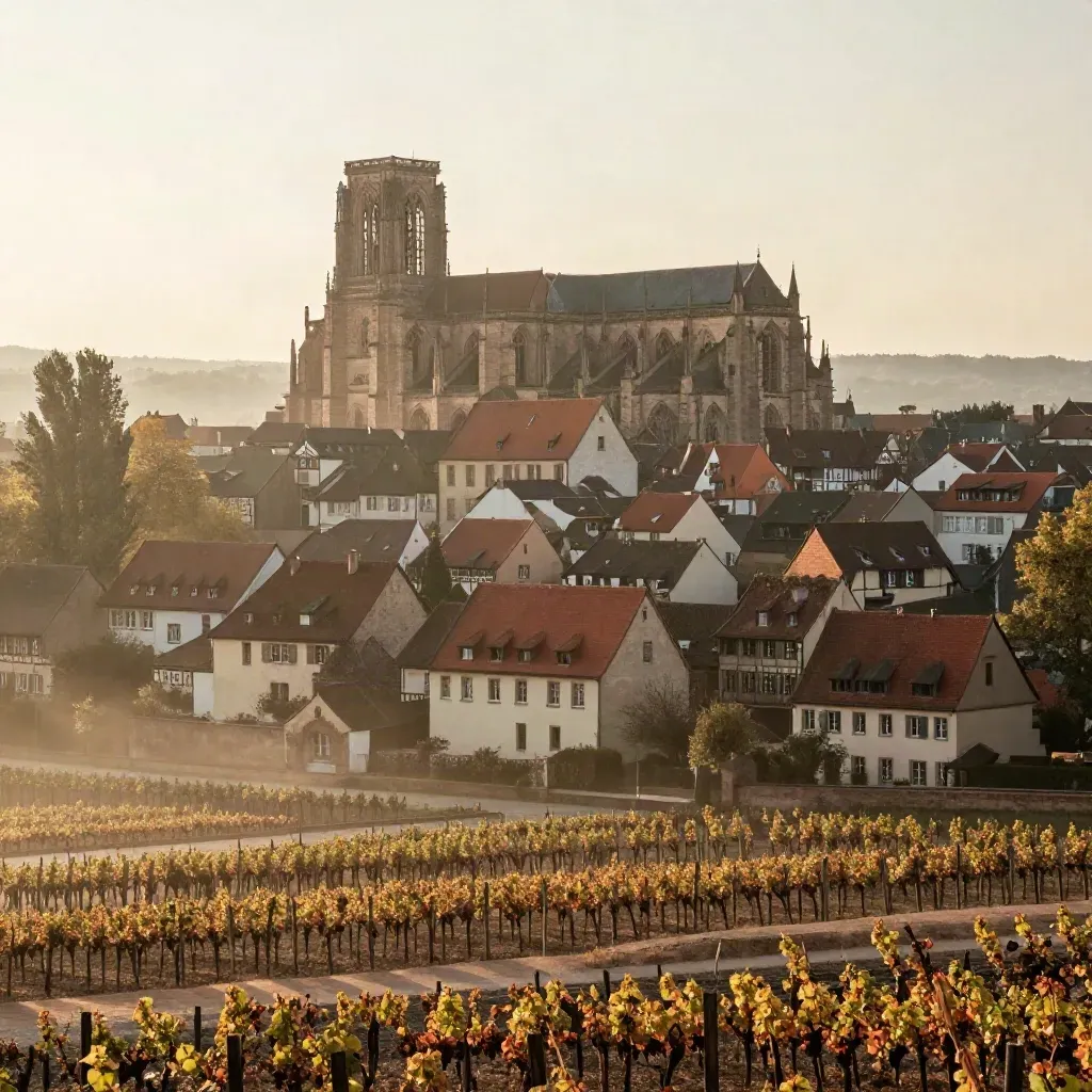 Strasbourg, toits en tuile et flèche de cathédrale au-dessus de vignes dans la brume.