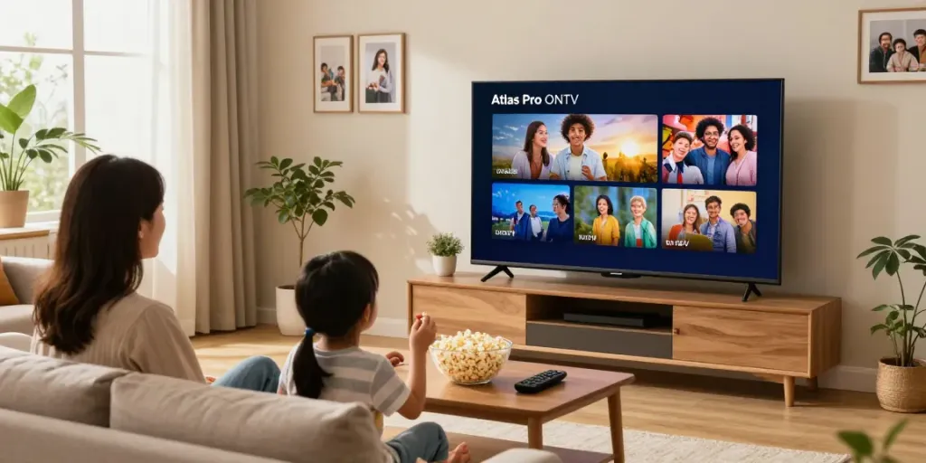 Famille regardant Atlas Pro ONTV dans un salon chaleureux et cosy.